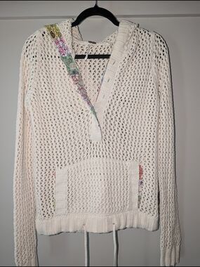Free People Sit Next To Me Crochet Hoodie Sweater Open Knit Patchwork Cream L